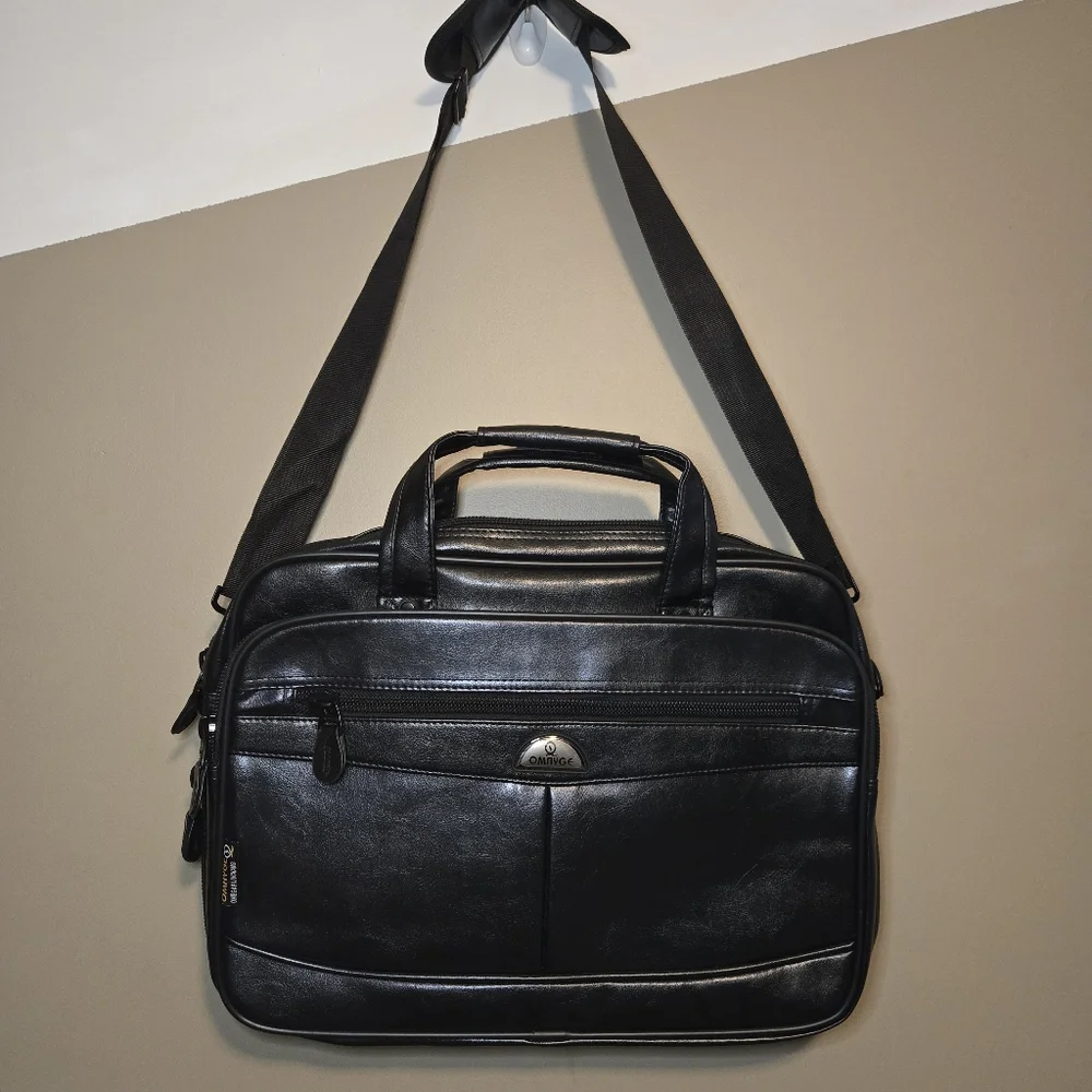 Omayge Faux Leather Laptop Briefcase Messenger Bag Black Business Shoulder Strap